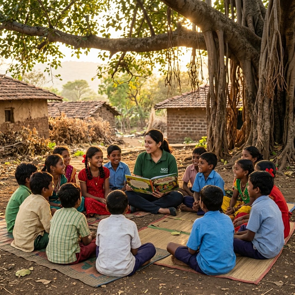 Illustrated storybooks and tribal study circles under local Nashik village banyan trees.