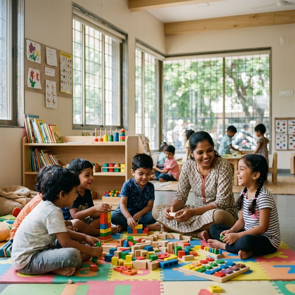 Safe child daycare shelter environment providing early cognitive and nutrition support.