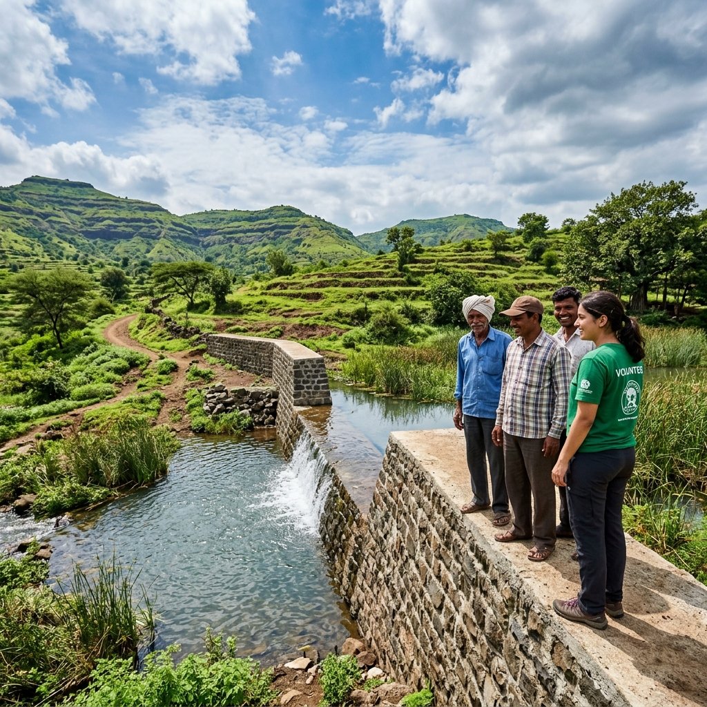Newly engineered stone check dam structure collecting monsoon runoffs in Nashik valley hills.
